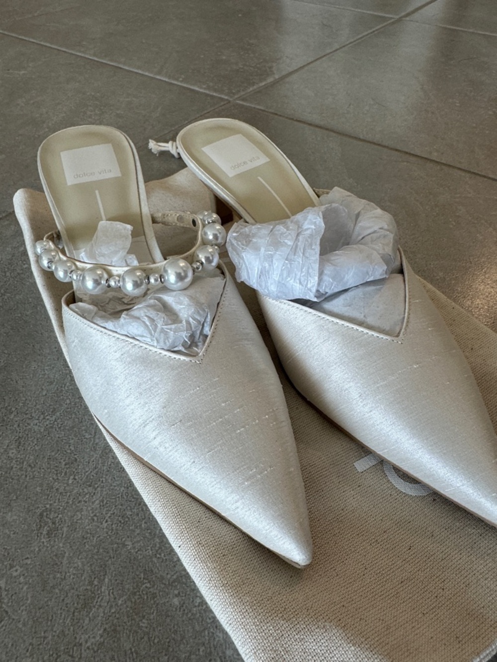 Dolce Vita Ivory Pearl-Strap Pointed Satin Mules